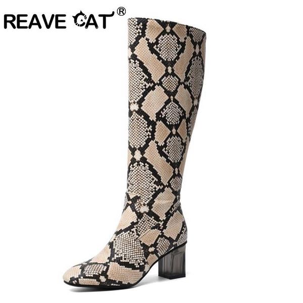 

reave cat 2020 winter mid calf boots round toe block heel zipper snakeskin western cowboy botas feminino large size 48 botines, Black