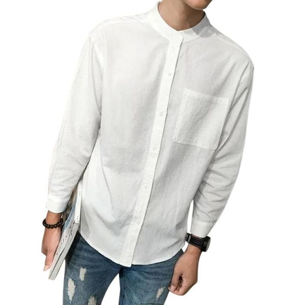 

men's casual shirts missky spring autumn man shirt solid leisure simple stand collar loose long sleeves cotton linens male, White;black