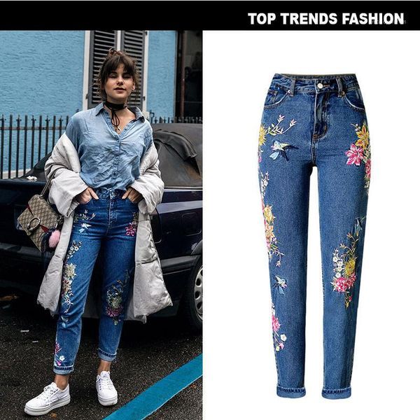 

women's jeans 2021 long straight floral woman high waist pants casual skinny ankle-length pants1, Blue