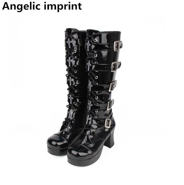 

angelic imprint mori girl women motorcycle punk boots lady high heels lolita shoes woman princess dress pumps 8cm 33-47 buckles, Black