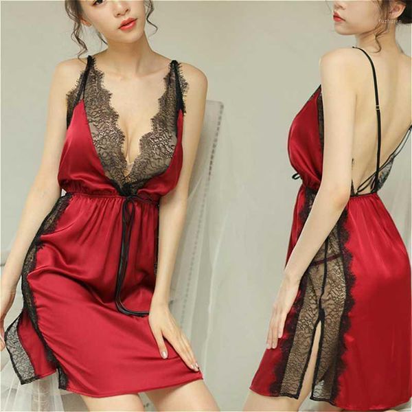 

deep v neck women satin nightgown lace sleepwear strap spaghetti ladies silk nightwear sleep wear night gown lingerie dress1, Black;red