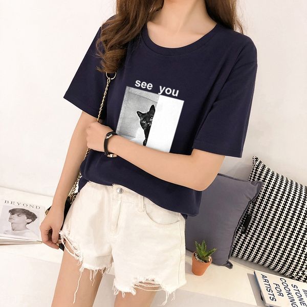 

лето 2020 нового harajuku bfstyle кошка набивного рисунок свободного шикарный студент стиль случайной половина рукав футболка лето футболка, White