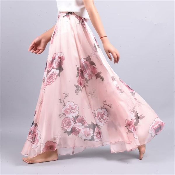 

new elegant summer women retro beach skirt large umbrella bohemian skirt ankle length lady print chiffon, Black