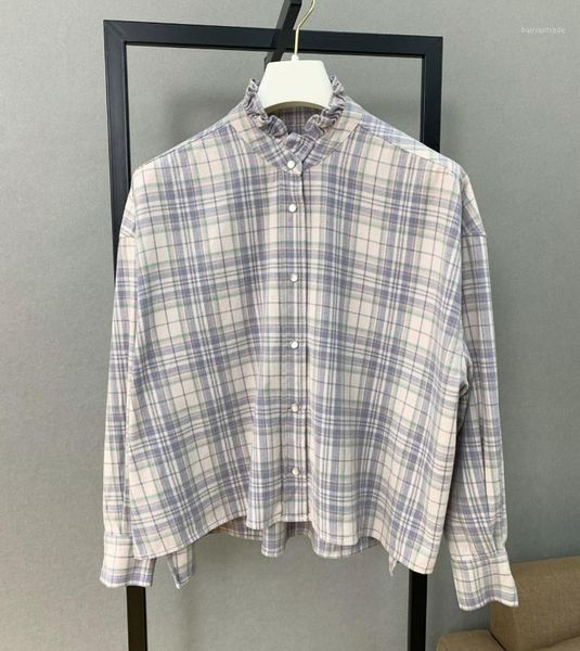 

women's blouses & shirts frill trim collar women plaid blouse 2021 lady single-breasted shirt office wear female retro and, White