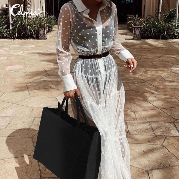 

vintage casual long sleeve see through white dress celmia women polka dots printed transparent dress robe vestidos long shirts, Black;gray