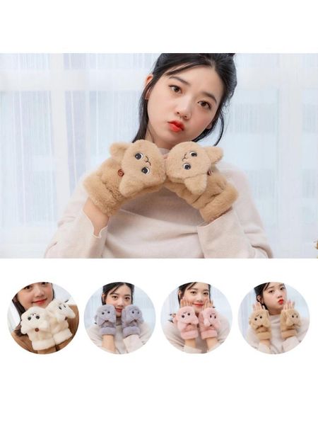 

five fingers gloves women thicken plush warm half finger cute cat convertible flip mittens, Blue;gray