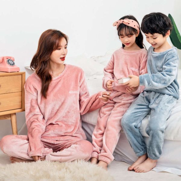 

korean children's flannel autumn winter pajamas big and small baby boy mother daughter parent child home cloth warm suit, Blue;red