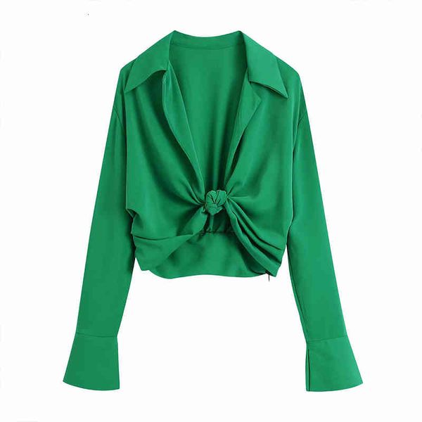 

women's blouses & shirts za women fashion with short vintage long sleeve lapel green knot decoration female chic cdjq, White