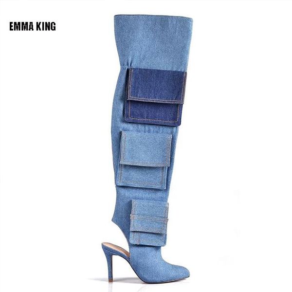 

fashion women pocket thigh high boots thin high heels cowboy boots lady pointed toe night club shoes women 2020 autumn new, Black