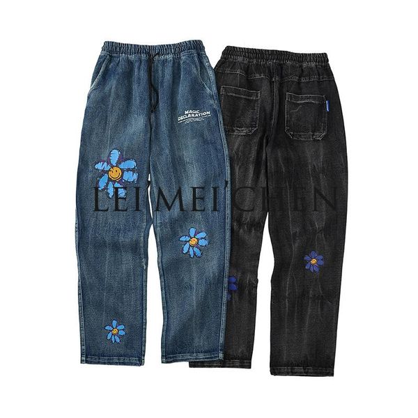

leimeichen harajuku hip-hop pants streetwear men's loose denim pants high street graffiti print black vintage jeans my801, Blue