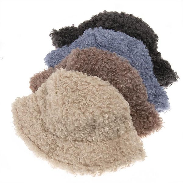

wide brim hats women winter solid lamb faux fur bucket hat outdoor warm fluffy fishing bob fisherman foldable panama casual soft gorros, Blue;gray