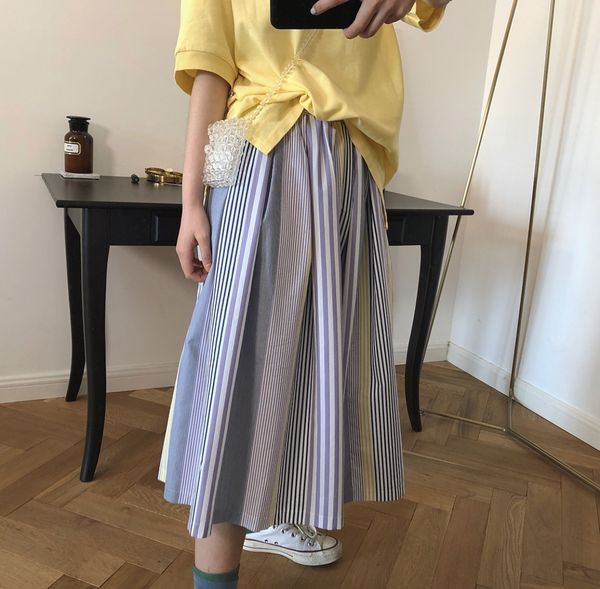 

2021 new sherhure high waist long skirts saia striped women elegant chic a-line cotton skirt jupe femme 1wra, Black