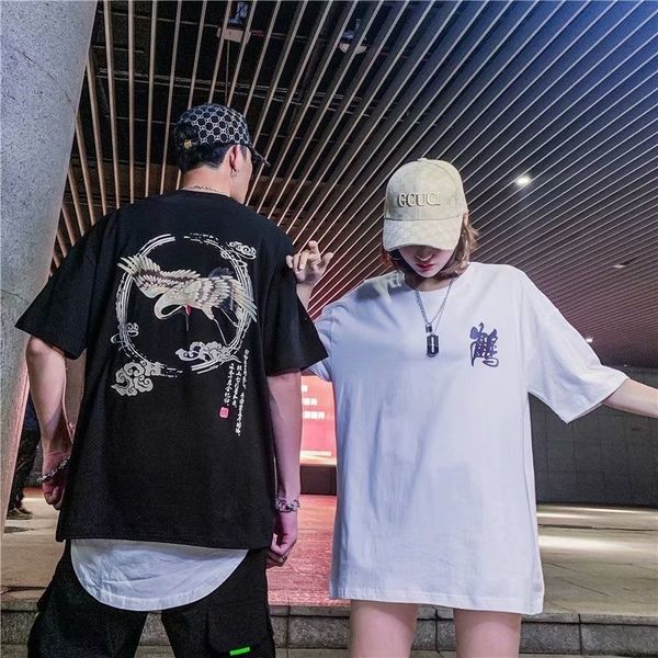 

8xcwv national tide crane five point short sleeve t-shirt style men and women chinese wear lovers hip ins hop loose oversize half wear coupl, Blue