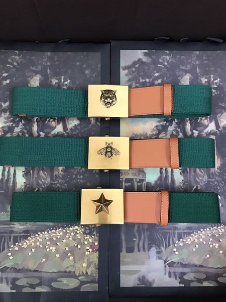 

fashion green web with black leather women belt with box fashion men classic big gold buckle belt men designers belts 613, Black;brown