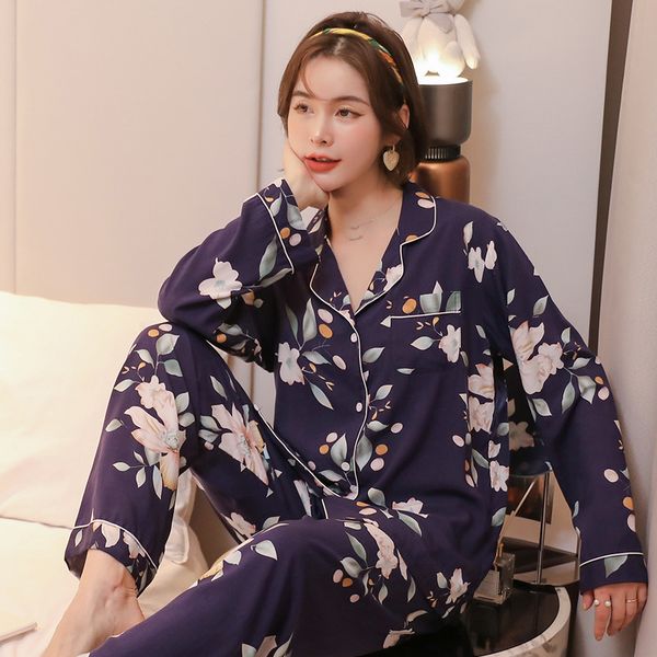 

pajamas set women sleepwear long sleeve turn-down collar 2pcs shirt&pant casual loose nightwear print flower home clothes, Black;red