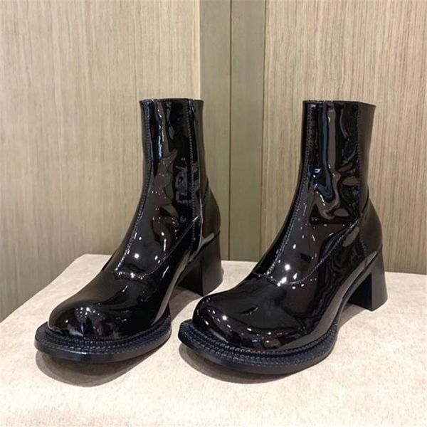 

boots retro genuine leather ankle for women brand design chunky high heel autumn shoes woman short booties botas mujer, Black