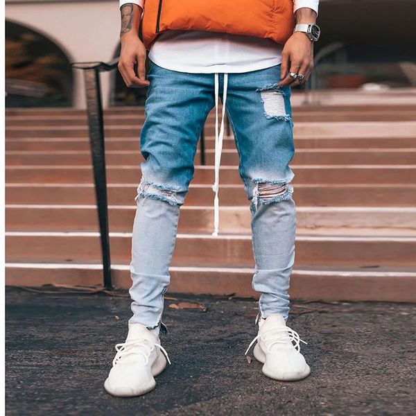 

jeans men 2020 collection of zip-up jeans is in fashion with a gradient of ripped, Blue