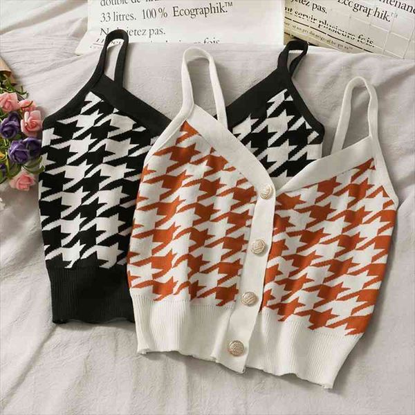 

women casual tank houndstooth sleeveless sweater button up crop going out cute camis lady, White