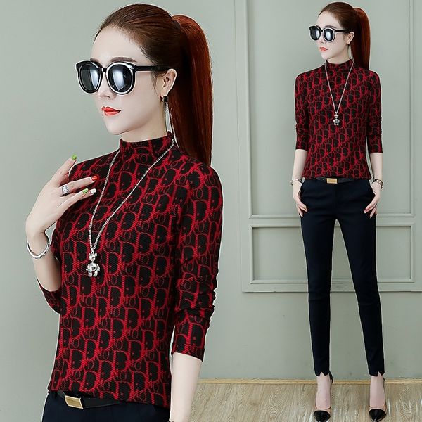 

khy5c half high neck standing long sleeve slim coat tbottoming shirt autumn 2020 new short printed t-shirt women's fashion collar efr, White
