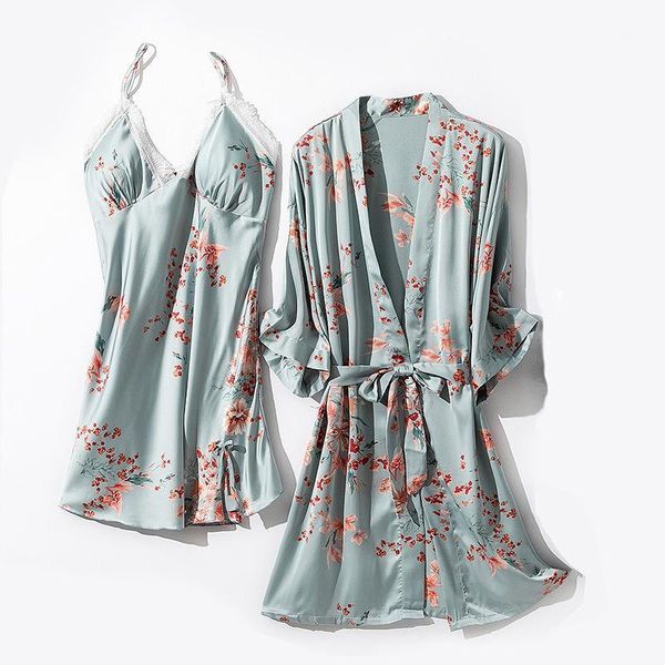 

print flower women nighty&robe set kimono bath gown summer casual 2pcs sleepwear nightdress soft silky satin nightgown homewear1, Black;red
