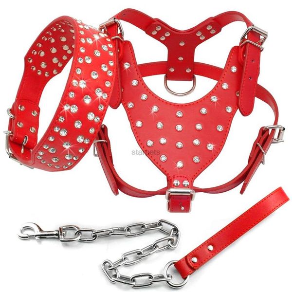 

bling rhinestone studded leather dog pet collar harness leash 3pcs set walking medium large dogs pitbull boxer pink blac bbyrvj