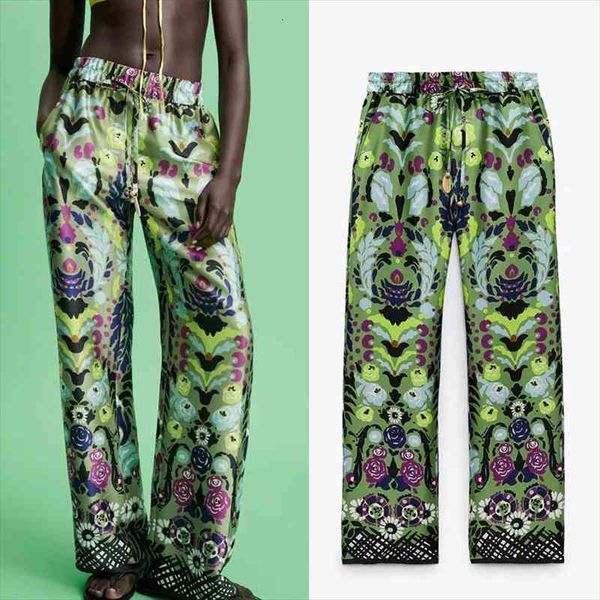 

pseewe women pants za green high waist pants for women vintage print elastic waist loose woman streetwear trousers, Black;white