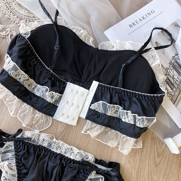 

wriufred vintage satin lace wire bandeau bra set private house fairy lingerie sets nightwear cotton cup underwear y200415, Red;black