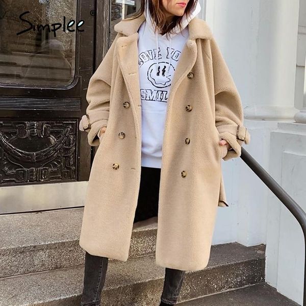

2020 elegant solid double breasted hairy women fur coat v-neck belt long coat office soft winter warm long jacket ladies, Black