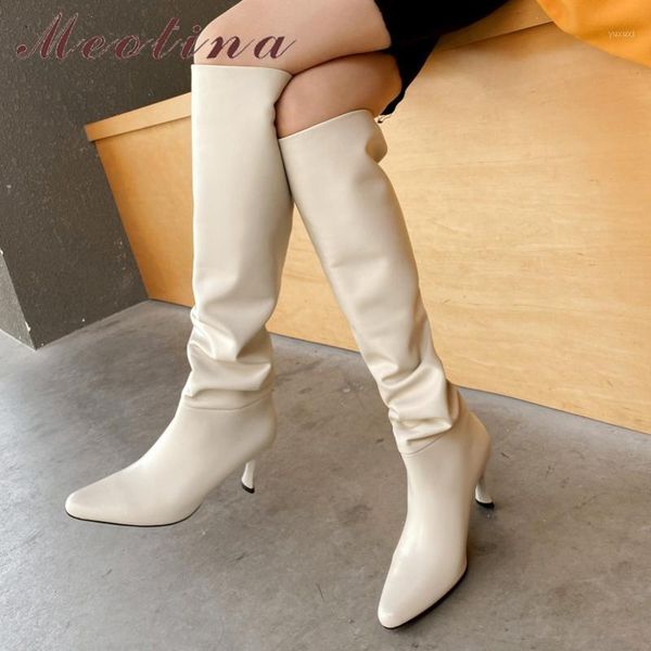 

boots meotina real leather high heel over the knee women shoes pointed toe stiletto heels pleated long autumn winter beige1, Black