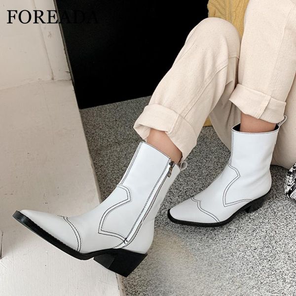 

foreada high heel ankle boots real leather woman boots chunky heel shoes zip pointed toe short ladies autumn white size 40, Black