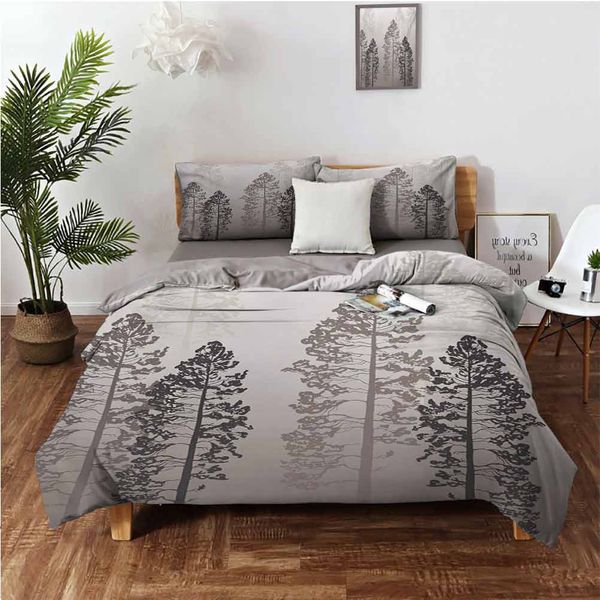 

pine trees in the forest on foggy seem ombre backdrop wildlife adventure artworkbedding 3-piece set