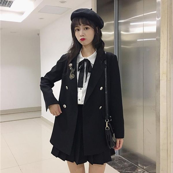 

jk uniform college style suit women spring and autumn small suit jacket shirt shirt pleated half skirt three-piece, Black;brown