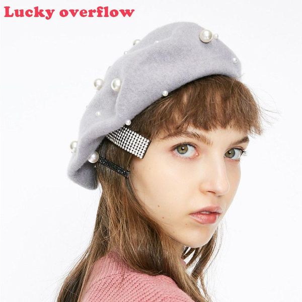 

beanie/skull caps wool women winter luxury pearl rivet vintage cashmere female warm beret hats girls flat cap ca4562/11, Blue;gray