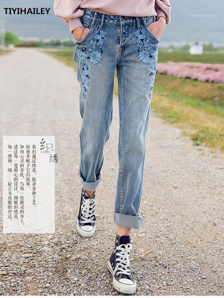 

tiyihailey 2020 26-29 vintage pants for women embroidery flower trousers denim jeans casual chinese style straight1, Blue