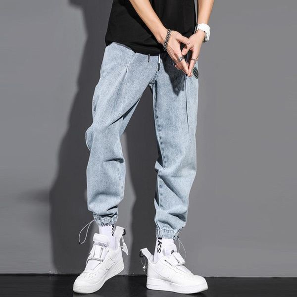 

winter thickened jeans men's straight tube loose fashion brand korean fashion casual light color work clothes leg long pants, Blue