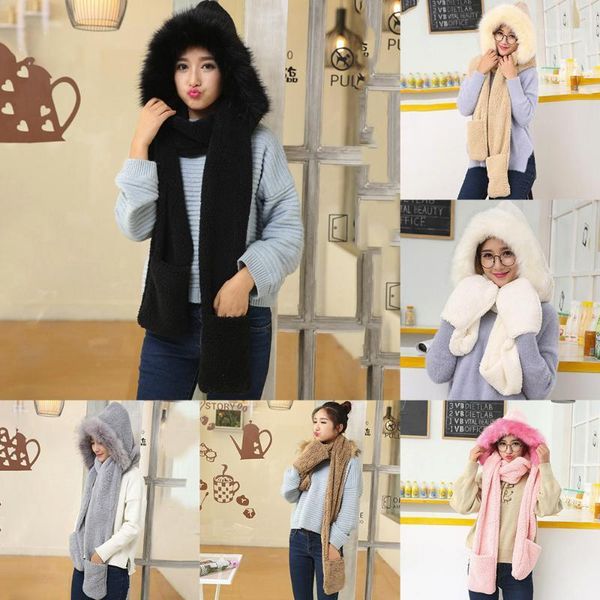 

ladies faux fur winter warm fluffy hood scarf hat snood pocket hats gloves foulard coton femme roupa feminina loop scarves *151, Blue;gray