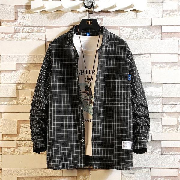 

winter casual mens plaid shirts long sleeve autumn harajuku shirt men's korean fashion plus size loose men's clothing b501, White;black