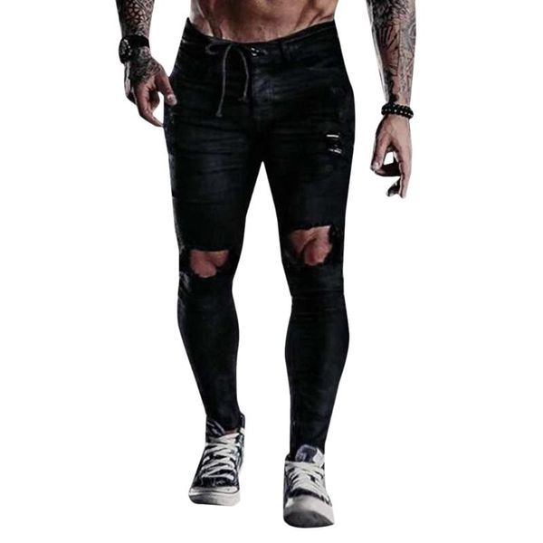 

men's jeans men clothing black ripped pocket stretch denim pants casual biker slim fit skinny hole trouser mens, Blue
