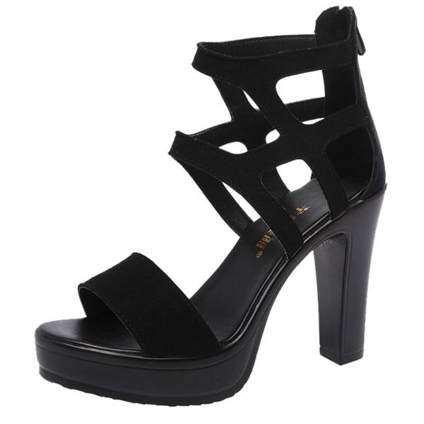

shoes fashion shollow ladies open toe heels high block heel fish mouth zipper zapatos de mujer moda 2021 sandals, Black
