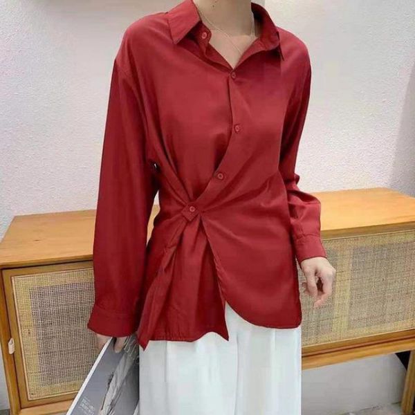 

2021 spring solid irregular turn down collar women shirts full loose slimming women blouses, White