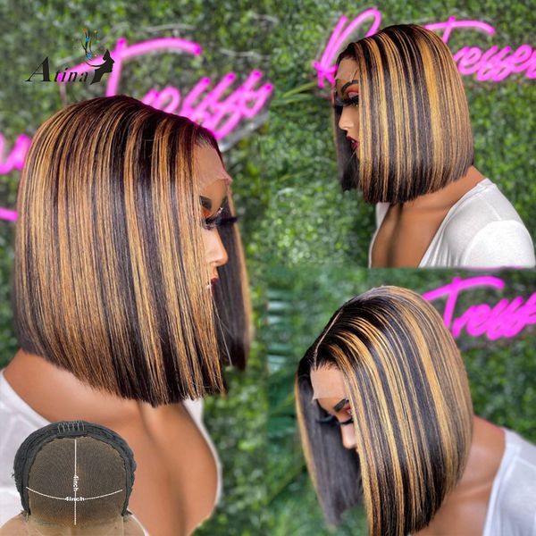 

straight bob 4x4 closure wig preplucked brazilian remy bleach knots ombre highlight colored human hair pixie cut wig 150 density, Black;brown