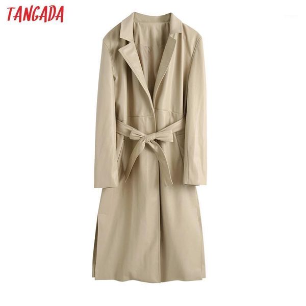 

tangada women oversized faux leather thick long trench coat with slash 2020 autumn winter female street wear windbreak be1031, Tan;black