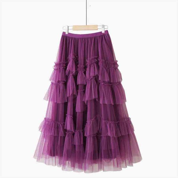 

autumn korean sweet a-line cake skirts women high waist ruffles mesh skirt vintage kawaii midi faldas mujer, Black