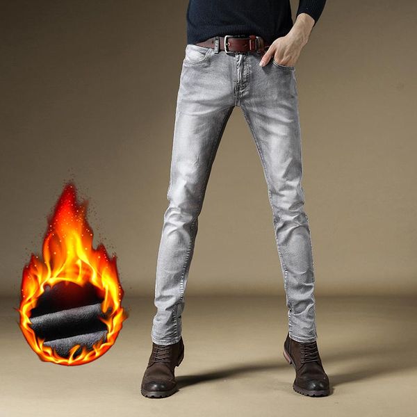

2020 winter men's warm slim fit jeans business fashion thicken denim trousers fleece stretch pants gray, Blue