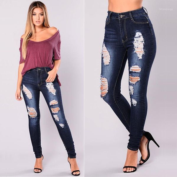 

2020 rushed cotton plaid mid hole mom jeans new european and american women's middle waist slim elastic worn jeans pants1, Blue
