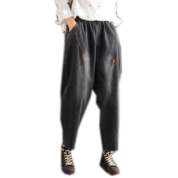 

women boyfriend jeans denim pants big loose casual oversized bottom for spring black embroidery retro vintage joggers b01160837, Blue