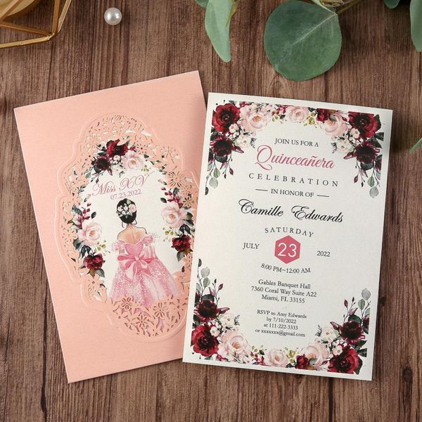 

greeting cards 100pcs pink gold burgundy navy blue vertical laser cut quinceamera anniversary party wedding invitation