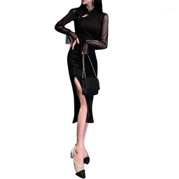 

women's new design chinese cheongsam dress black see througth long sleeve high slit bodycon midi dress elegant party1, Silver