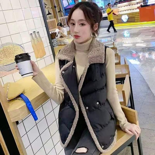 

casual female lamb wool splicing short cotton vest loose sleeveless cotton jacket jacket1, Black;white