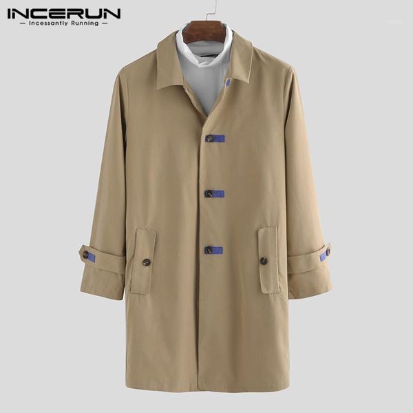 

incerun autumn men solid lapel long sleeve fashion trench coats casual joker streetwear mens single breasted windbreaker jackets1, Tan;black